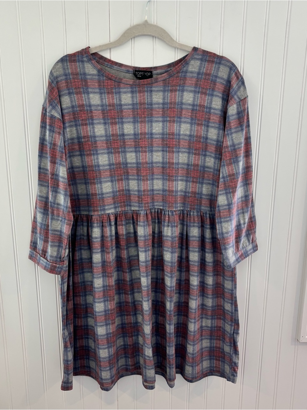 Topshop Blue and Pink Plaid Midi Babydoll Dress